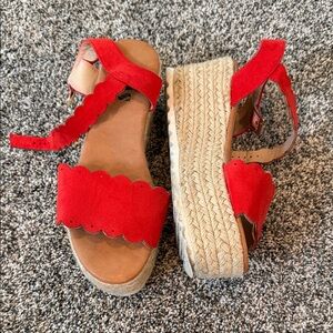 Vici Red Scalloped Espadrille Platform Sandals